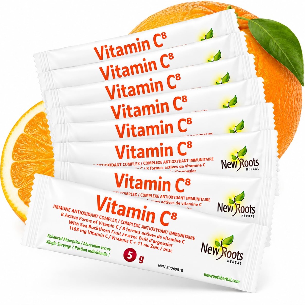 Vitamine C8 Poudre Immune Support (30 sachets) Délicieux boisson avec 8 différentes formes de vitamine C, électrolytes, bioflavonoïdes et thé vert pour une absorption maximale et une défense antioxydante