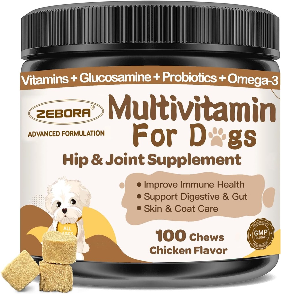 Dog Multivitamin mit Mineralien für Gesamtgesundheit - Hunde-Vitamine und Ergänzungen mit Glucosamin, Probiotika für Welpen & Senior Dogs mit Mineralien - Omega 3 Fischöl für Haut & Coat - 100 Chews