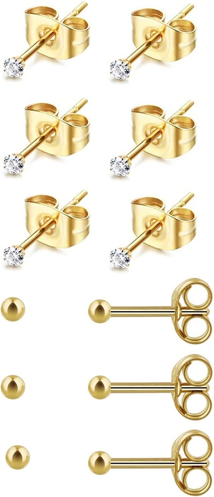 6Pairs 2mm/3mm Acier chirurgical Hypoallergénique Piercing Studs, 20G 14K Boucles d'oreilles en or rempli de minuscules goujons pour perçage à trous multiples (Cubic Zirconia, Pearl, Ball)