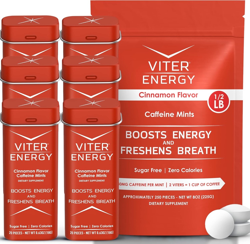 Viter Energy Original Caffeine Mints Cinnamon Flavor 6 Pack und 1/2 Pound Bulk Bag Bundle - 40mg Koffein, B Vitamine, Sugar Free, Vegan, Powerful Energy Booster für Fokus und Alertness