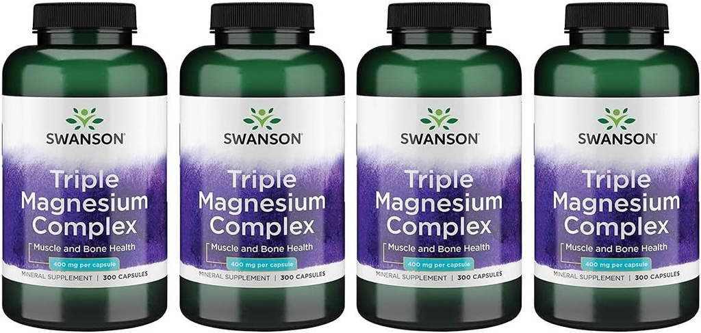 Complexe Swanson Triple Magnésium - Supplément Minéral - Support Naturel - Avec Citrate, Oxyde et Aspartate - (300 Capsules, 400mg chacune, 4 Pack)