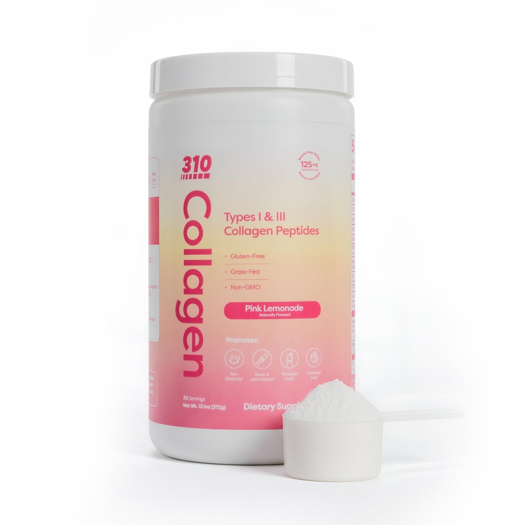 310 Nutrition Poudre de peptides de collagène hydrolysée pour les femmes et les hommes - Supplément de collagène alimenté par l'herbe avec acide hyaluronique, resvératrol, vitamine C, D et E pour la peau, les cheveux et les ongles - 30 Lémonade rose RSV