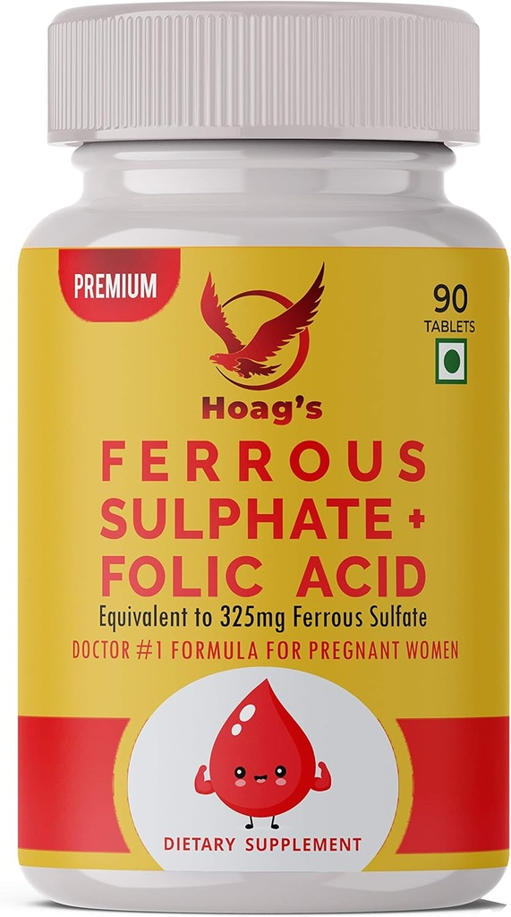 Hoag's Eisen 65mg Eisensulfat mit Calcium & Folsäure-Ergänzung Unterstützung rote Blutzellenproduktion - 90 Veg Tabletten