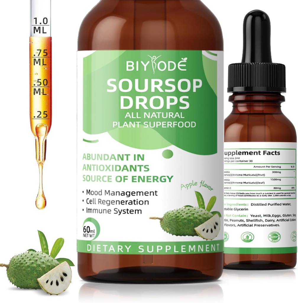 Soursop Graviola gouttes liquides: 1800mg Premium Antioxydant Support pour Imune Santé Digestion Relaxation Sommeil Vegan Gluten Sans sucre 1 Fl Oz 30 Jour d'approvisionnement
