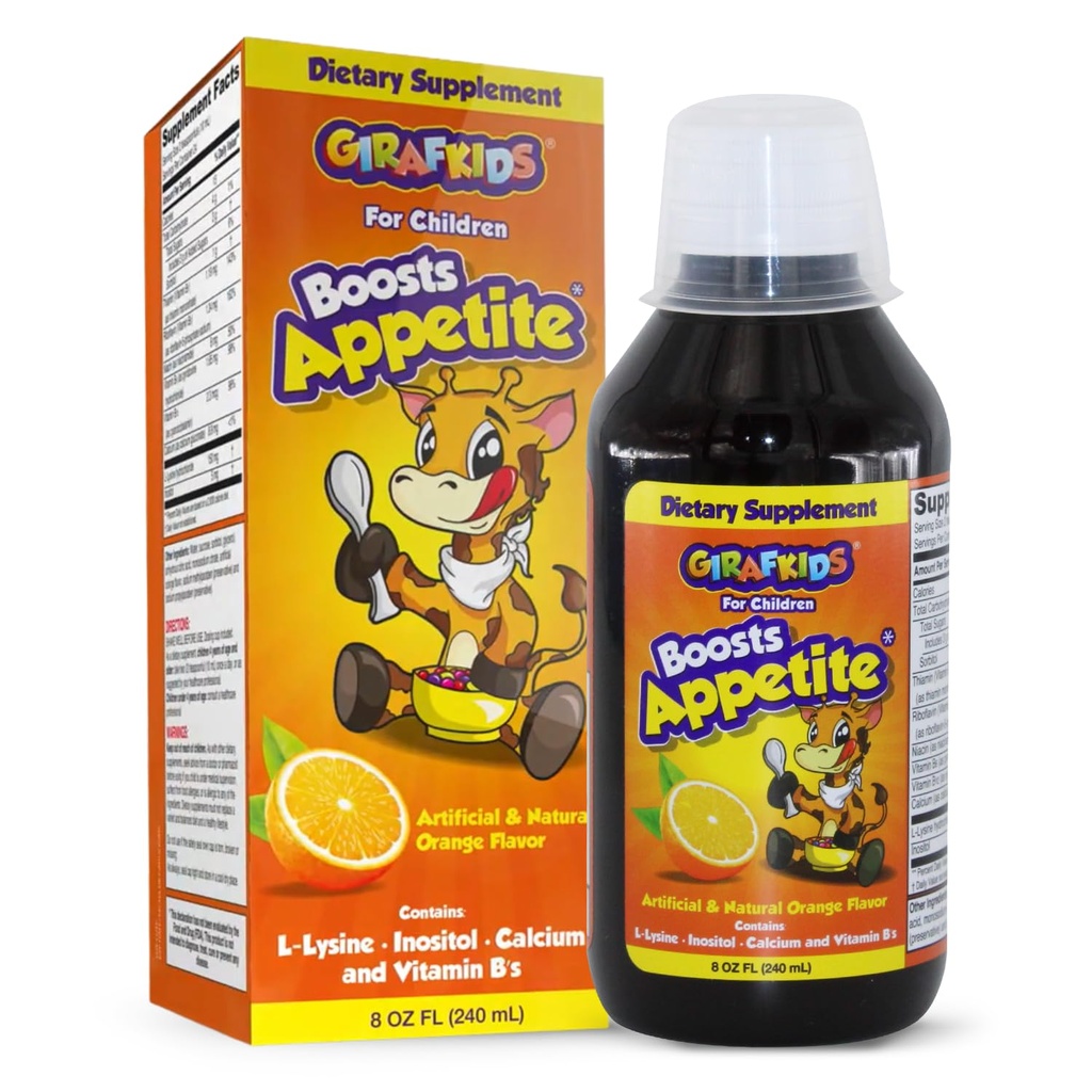 GirafKids Syrup booster d'appétit pour les enfants 4+ ans, 8 Fl Oz - Vitamines pour les enfants, Arôme d'orange - favorise l'appétit et l'énergie santé