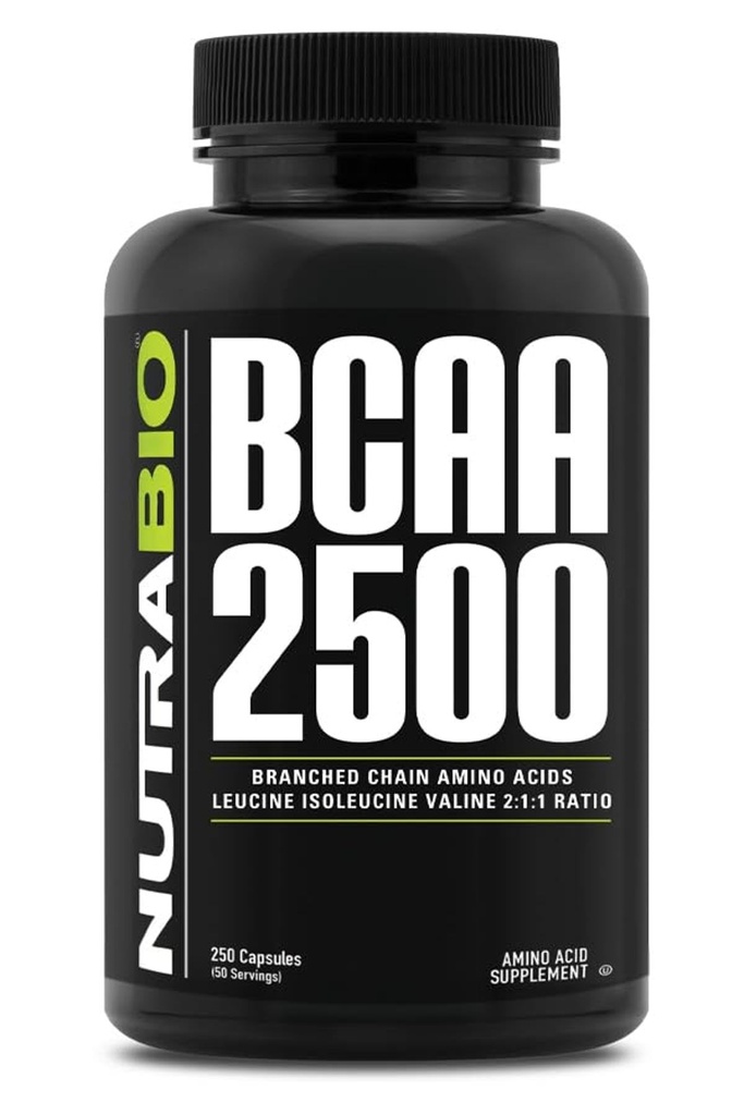NutraBio – BCAA 2500 – Verzweigte Aminokettensäuren – Unterstützung neuer Muskelwachstum und verhindern Muskelabbruch – 250 Kapseln