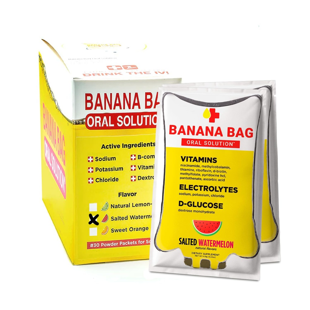 Banana Bag Oral Solution Packets – Salted Watermelon 30pk | A Refreshing Blend of Electrolytes, Vitamin C, and B-Complex for Hydration and Energy. Convenient, Easy-to-Mix, and Perfect for Daily Use.