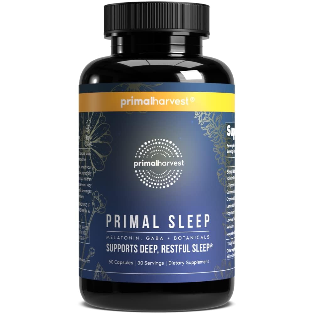 Primal Harvest Primal Sleep Support Supplement für Erwachsene mit Melatonin, GABA, Valerian Root, L-Tryptophan, Magnesium Bisglycinat Chelate, und Kamille für tiefen erholsamen Schlaf