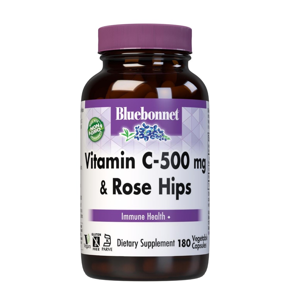 BlueBonnet Vitamin C 500 mg Plus Rosehips Gemüsekapseln, 180 Graf