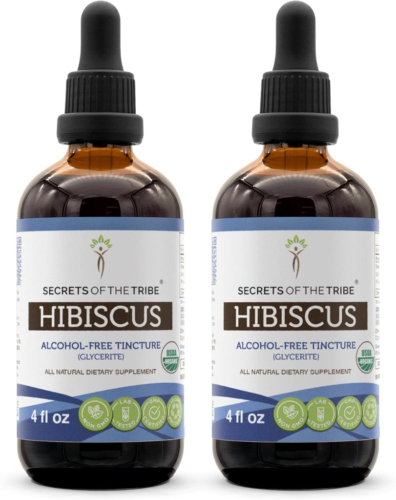 Secrets of the Tribe Hibiscus USDA Organic | Alkoholfreier Extrakt (2 St.), hochkarätige Kräutertropfen | Hergestellt aus 100% zertifiziertem Hibiscus Sabdariffa getrocknete Blume 2x4 Unze