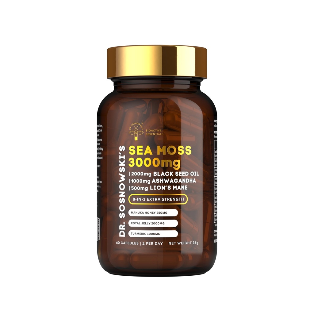Dr. Sosnowski's BioActive Sea Moss | 8-in-1 Formel angereichert mit schwarzem Seed, Ashwagandha, Turmeric, Manuka Honey, Lion's Mane, Royal Jelly, Bee Propolis Extract | 60 Kapseln