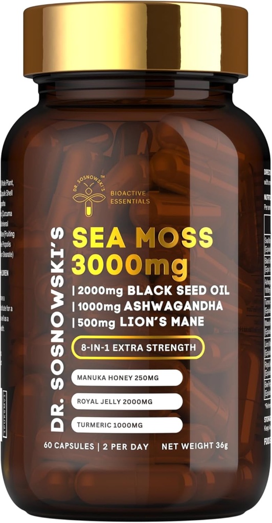 Dr. Sosnowski's BioActive Sea Moss | 8-in-1 Formel angereichert mit schwarzem Seed, Ashwagandha, Turmeric, Manuka Honey, Lion's Mane, Royal Jelly, Bee Propolis Extract | 60 Kapseln