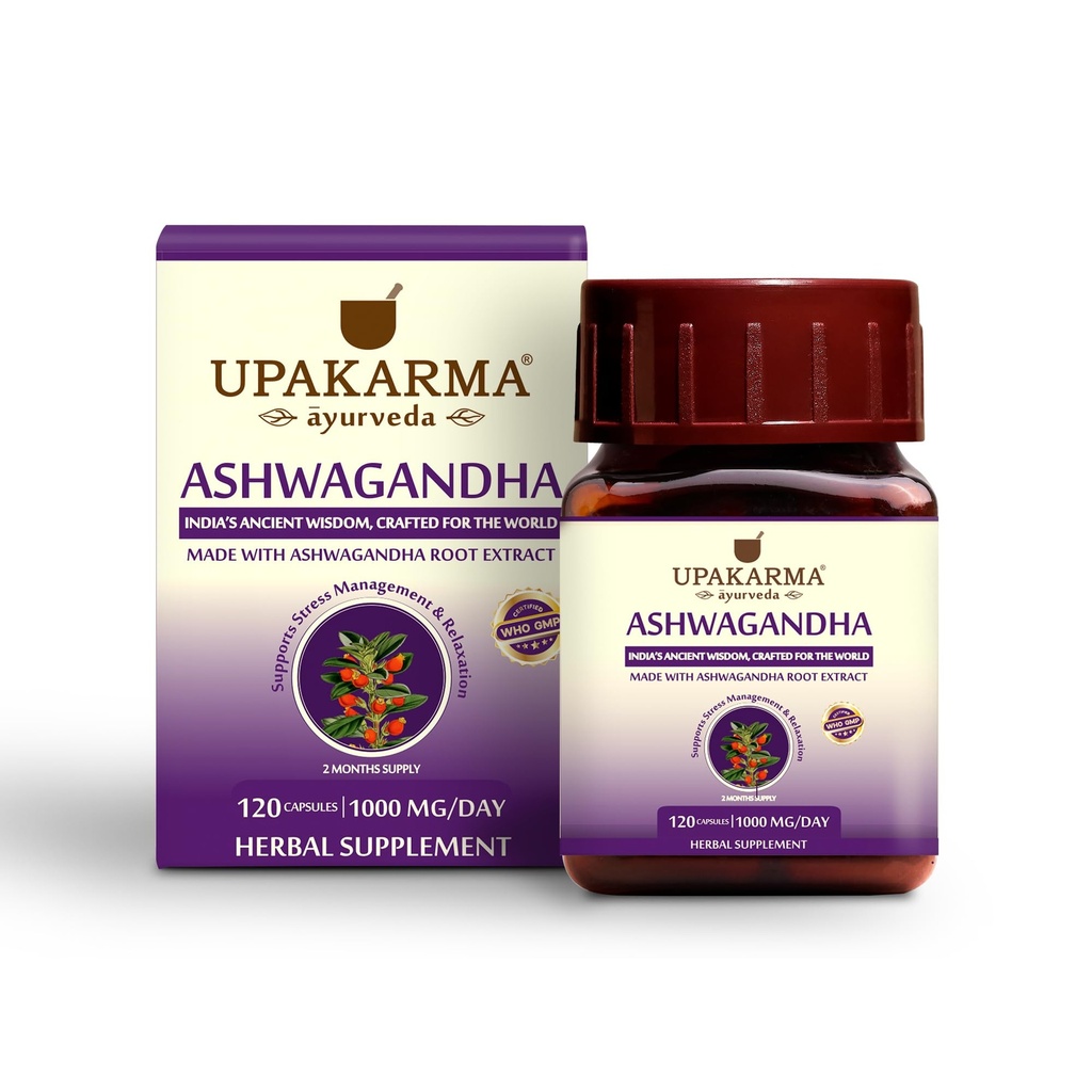 UPAKARMA Ashwagandha , 60 jours d'approvisionnement , extrait pur à base de 1000 mg par service , laboratoire testé, R & D soutenu, 120 capsules végétaliennes, suppléments pour le stress et le soutien énergétique