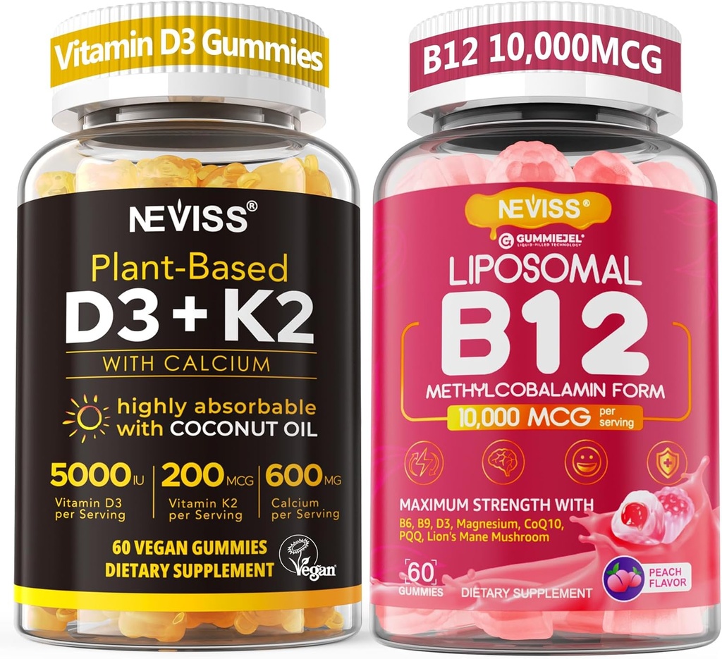 NEVISS 2Pack Vitamin D3 5000iu & K2(als MK7) 200mcg Gummi + 600mg Calcium + 1 Packung Liposoma Methyl B12 5000 mcg/10000 mcg