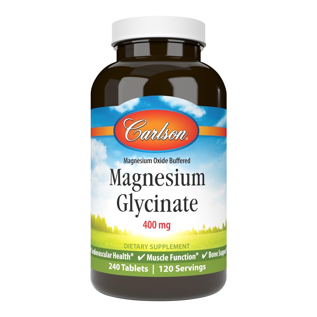 Carlson - Glycinate de magnésium, 200 mg, Absorption supérieure, Santé cardiaque, Fonction musculaire, Soutien osseux, 240 comprimés