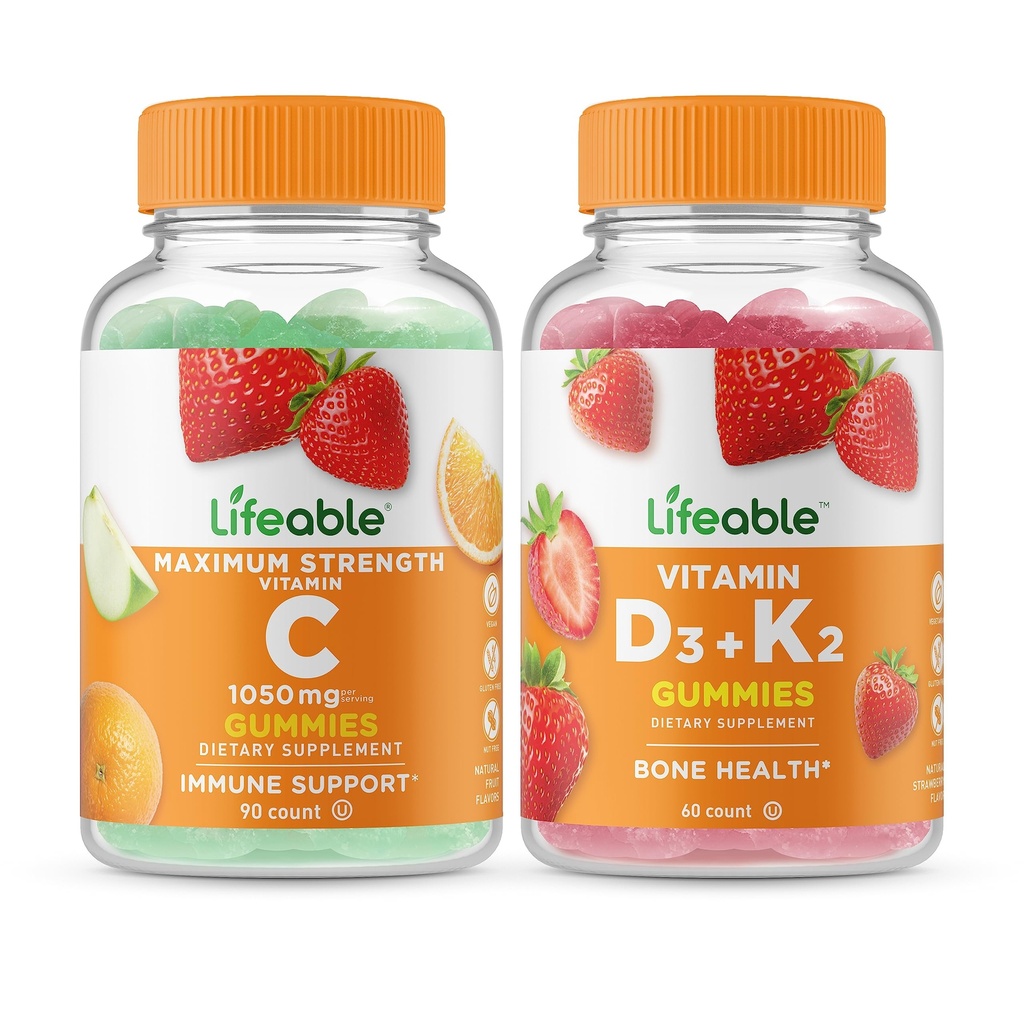 Lebensfähiges Vitamin C 1050mg + Vitamin D3 + Vitamin K2, Gummis Bundle - Große Verkostung, Vitaminergänzung, Glutenfrei, GVOfrei, Kaugummi