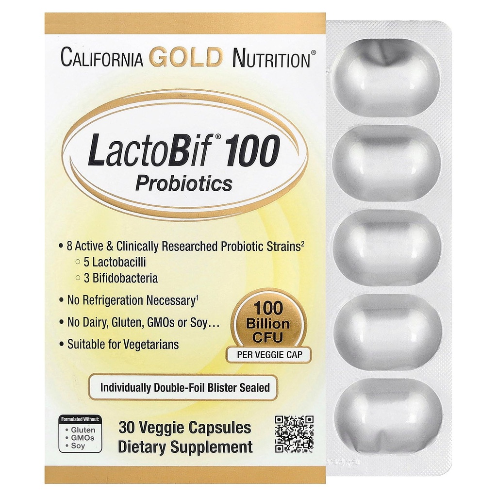 California Gold Nutrition LactoBif Probiotics, 100 Bllion CFU, 8 Active & Clinical Researched Probiotic Strains, Sugar-Free, Vegetarisch, Individuell Double-Foil Blister Sealed, 30 Veggie Kapseln