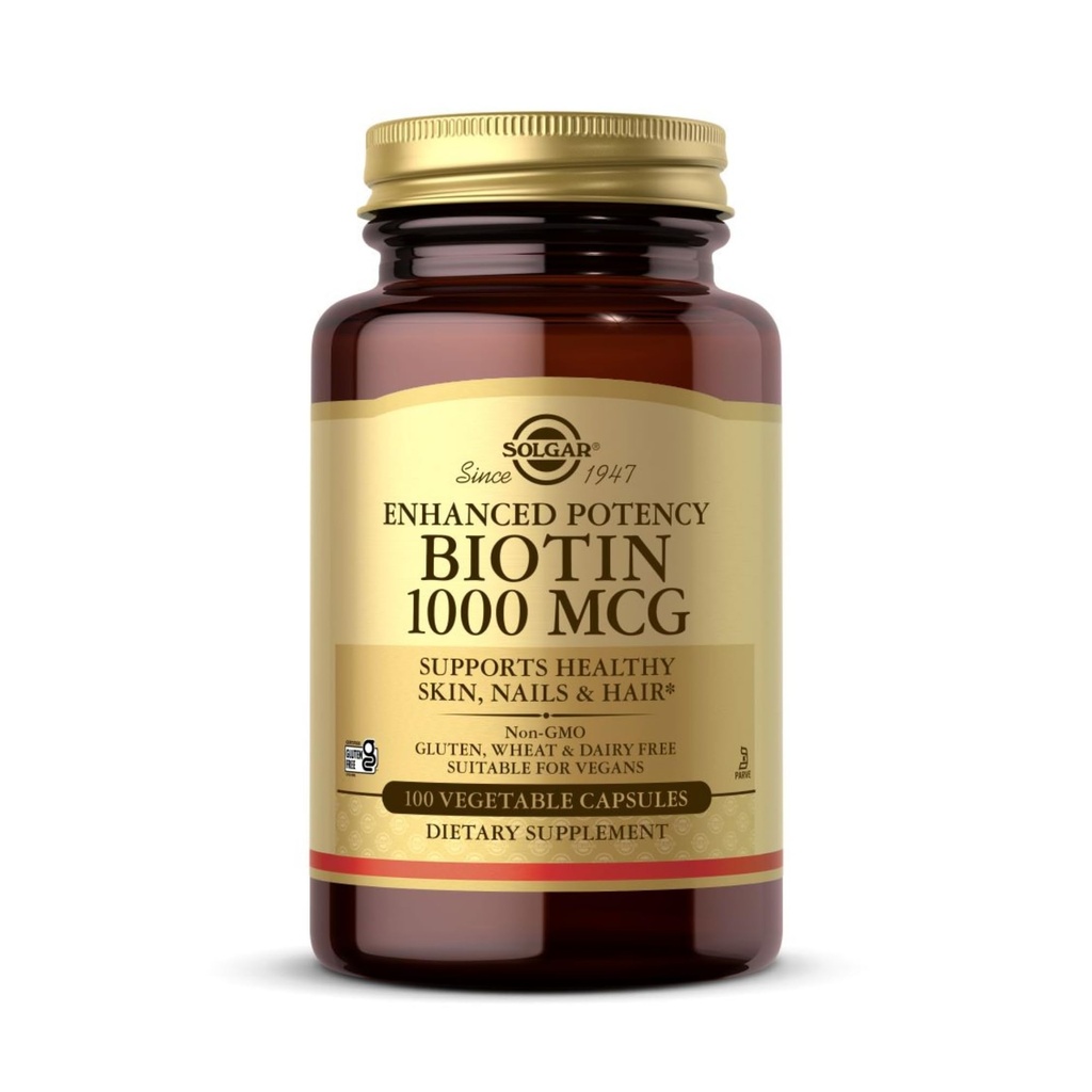 Solgar Biotin 1000 mcg - 100 Gemüsekapseln - Unterstützt gesunde Haut, Nägel & Haar - Non-GMO, Vegan, Glutenfrei, Dairy Free, Kosher - 100 Servierungen