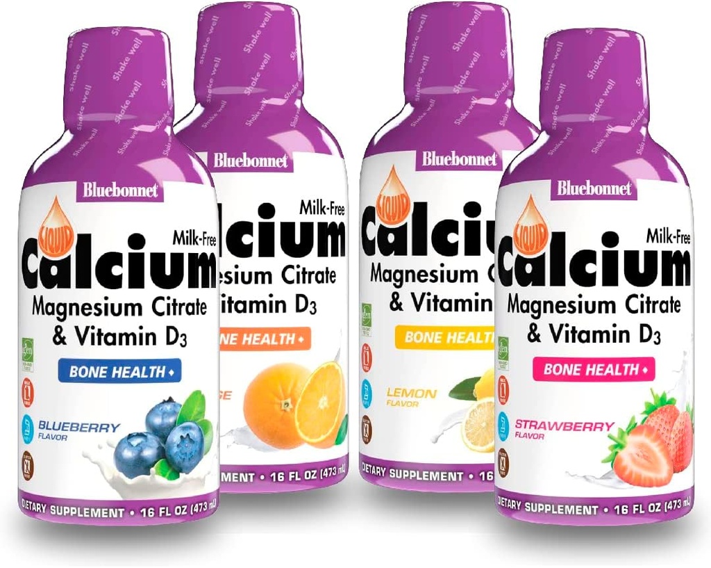 Bluebonnet Nutrition Liquid Calcium Citrat Magnesium Citrat, Vitamin D3, Knochengesundheit - Bundle Orange, Blueberry, Zitronen und Erdbeeren Flavor, 4 Flasche 16 Fl Oz Jeder (64 Fl Oz Gesamt)
