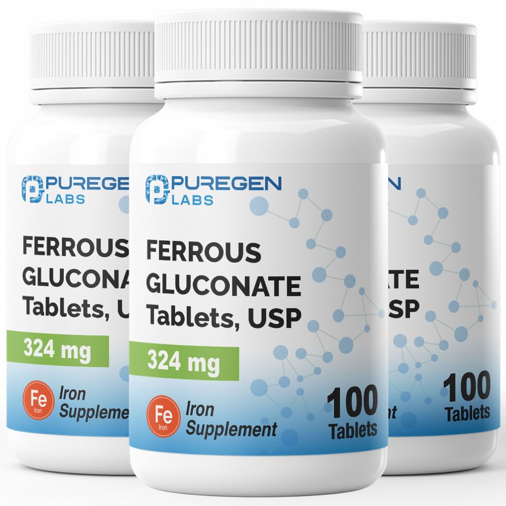 Puregen Labs Ferrous Gluconate 324 mg [High Potency] Eisenergänzung, Gentle on Stomach | 3 Pack - 300 Tabletten insgesamt