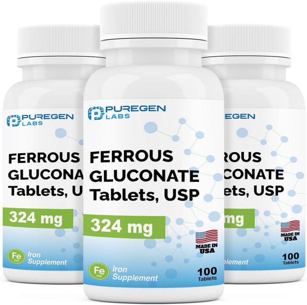 Puregen Labs Ferrous Gluconate 324 mg [High Potency] Eisenergänzung, Gentle on Stomach | 3 Pack - 300 Tabletten insgesamt