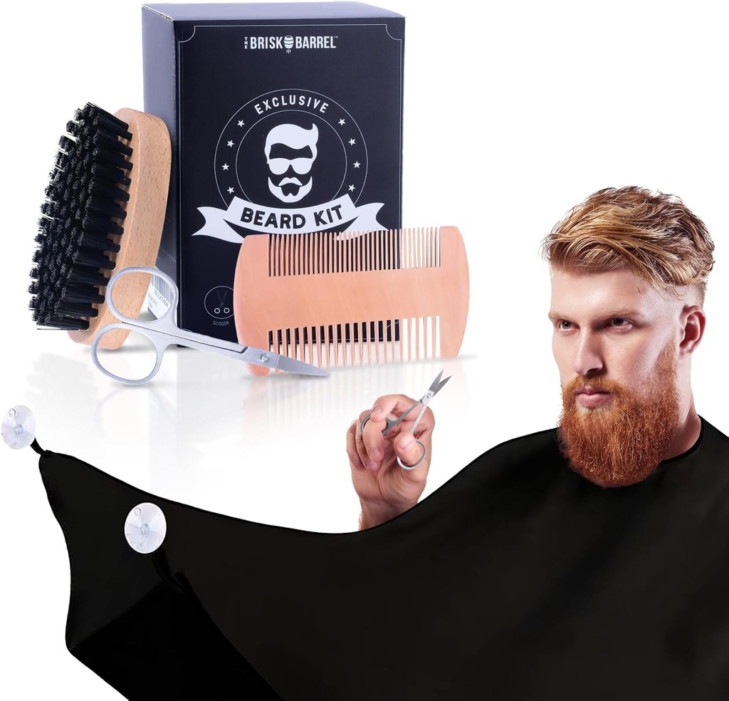 Bart Grooming Kit für Herren 4 in 1. Bart Brush und Comb Set mit Messy Free Bib Apron, Mustache Scissors. Natürliche Brush und Dual Action Comb. Männer Grooming. Geschenk für Ehemann,