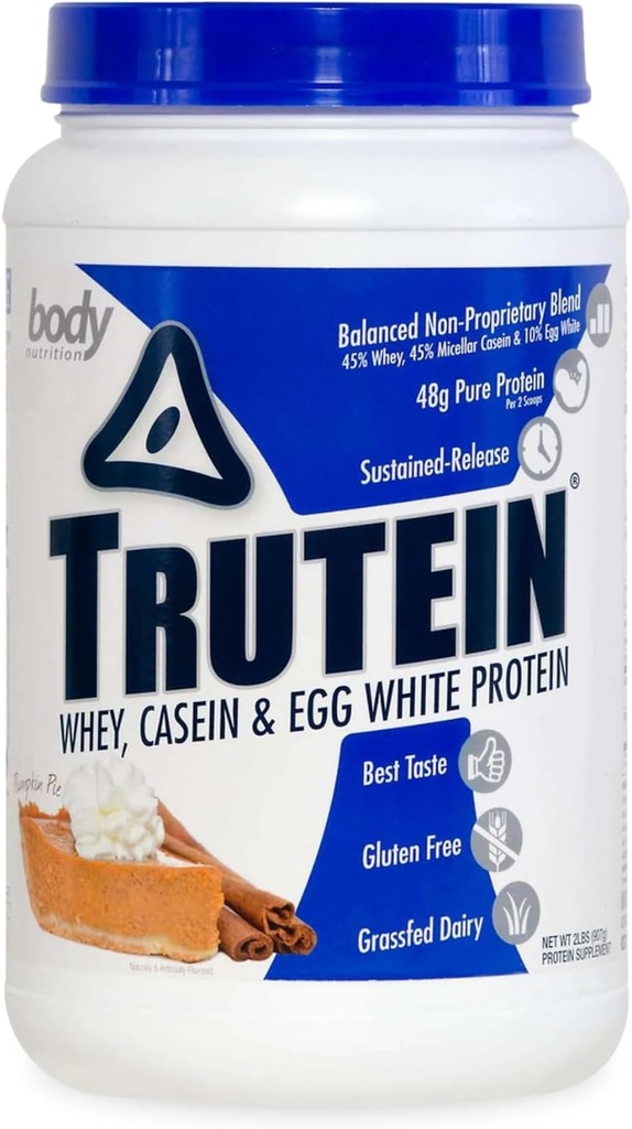 Body Nutrition Trutein High Protein Powder: 45% Whey, 45% Casein, 10% Egg White, Glutenfrei, Low Sodium, Gras Fed Whey Protein Powder, Gym Supplement & Breakfast Shake, Kürbis Pie, 2lb