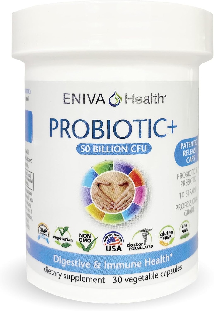 Eniva Health Probiotic avec prébiotique 10 souches de 50 milliards d'UFC par capsule de 30 capsules par bouteille de docteur de formulation de capsules brevetées de libération de brevets de Pas de remplissage
