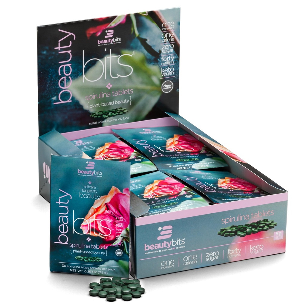BEAUTYbits - Bio Spirulina Tabletten - Algae Superfood - Collagen, Protein, Chlorophyll - Haar, Nägel, & Hautpflege - Vegan, Keto, Glutenfrei - Selbstpflege - Hautpflege Schönheit - 30 Taschen, 900 Tabletten