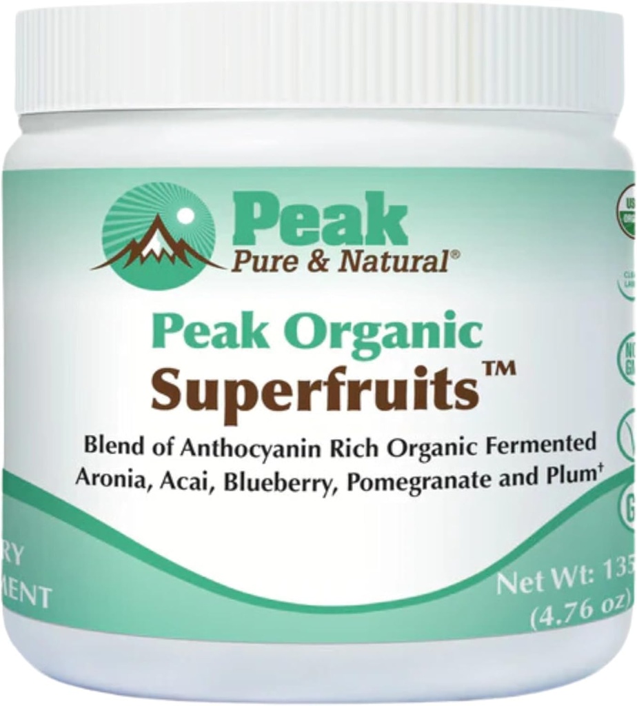 Peak Organic Superfruits - Polyphenol Rich Superfood Powder - Non-GMO Fermented Aronia Berry, Acai, Blueberry, Pomegranate und Plum - Aging, Metabolic Health, Heart Health (30 Portionen)