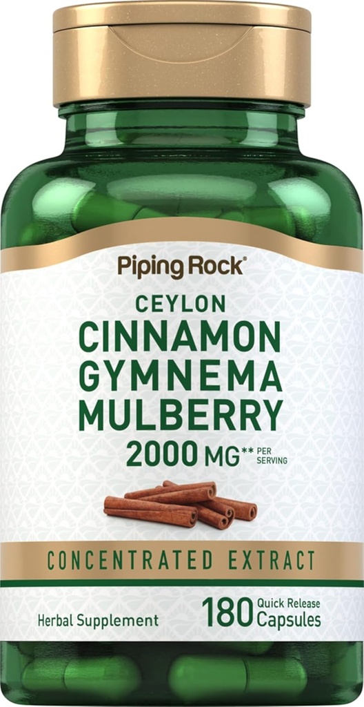 Piping Rock Ceylon Cinnamon Gymnema Mulberry Complex | 2000mg | 180 Kapseln | Kräuterergänzung | Konzentrierter Extrakt | Non-GMO, Glutenfrei