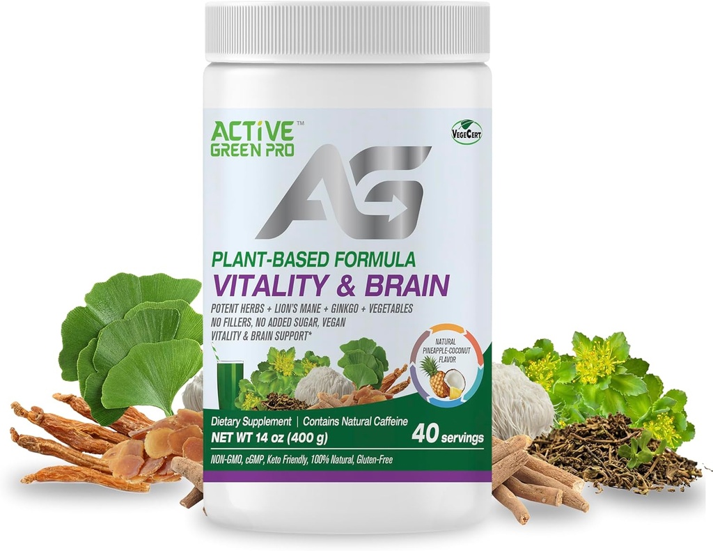 Vitalität & Brain Pulver, Mischung aus synergistischen Kräutern, Lion's Mane, Ginkgo und Gemüse, pflanzliche Formel, keine Füllstoffe, kein Zucker hinzugefügt - 40 Portionen