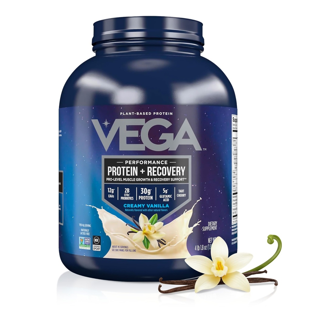Vega Sport Poudre de protéines végétales + récupération - 30g Protéines végétales par portion, Vanille, 45 portions, 5g BCAA, Probiotiques, NSF certifié, Pour Shakes & Smoothies, 4.1lbs (Packaging May Vary)