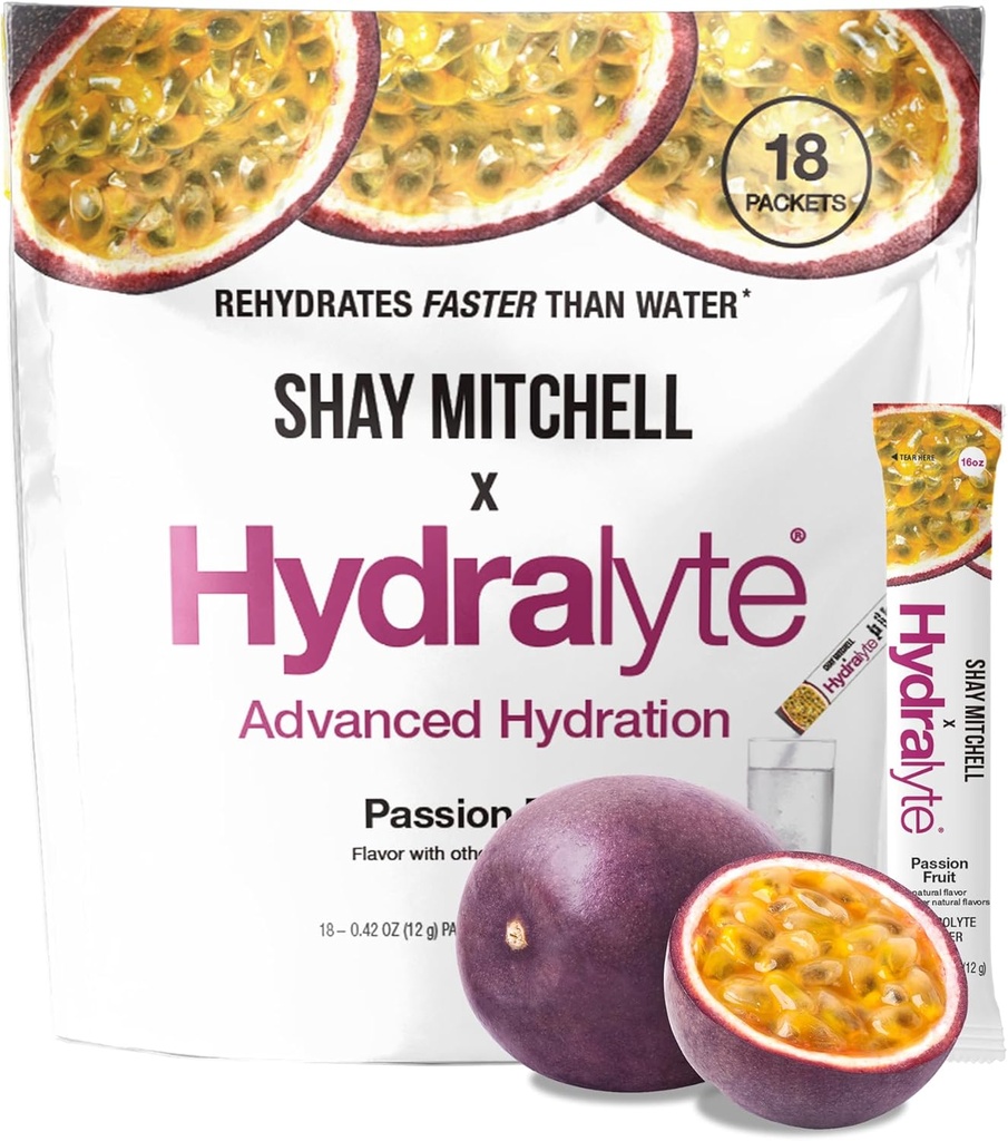 Hydralyte Shay Mitchell Elektrolyt-Pulver-Packets, Low Sugar Rapid Rehydration, Hydration-Pulver für Hitze, Reisen, Übung und Bachelorette-Parteien (Passionsfrucht)
