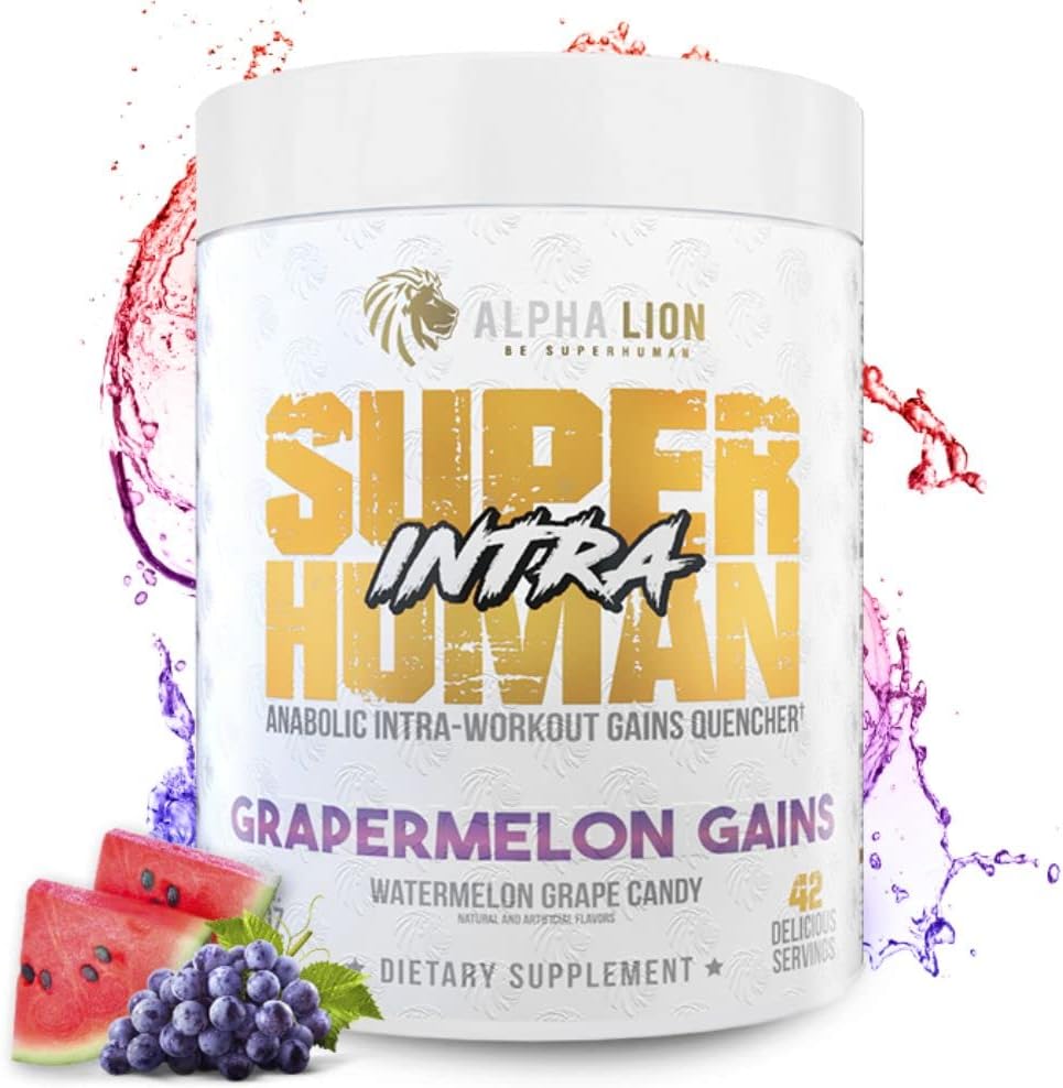 ALPHA LION Superhuman Intra Workout Pulver für Männer & Frauen, Aminosäuren Getränk, Muskel-Recovery-Ergänzung, BCAA Pulver, Elektrolyte & Hydration Mix (42 Servierungen, Wassermelone Grape Candy Flavor)