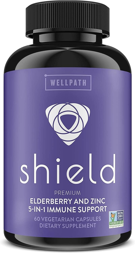 WellPath Shield Elderberry Kapseln - 5-in-1 Immununterstützung Booster mit Zink, Vitamin C, Echinacea, Bee Propolis - Premium Zink Supplement - 600 mg Sambucus Black Elderberry Pillen für Erwachsene - 60 Ct