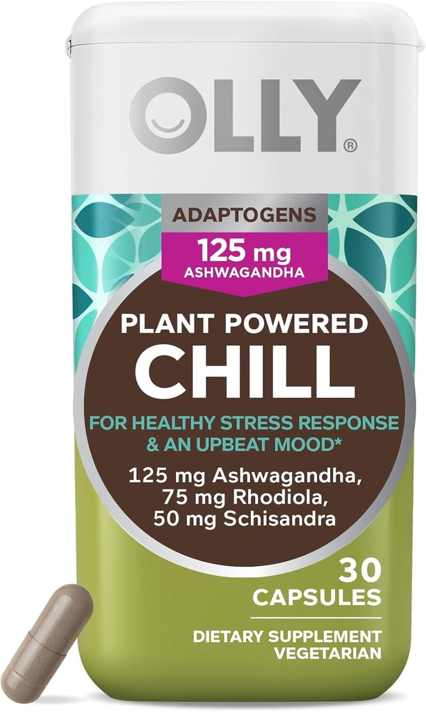 OLLY Chill Adaptogen, Ashwagandha, Mood Support Supplement mit Rhodiola Root, Vegetarische Kapseln - 30ct