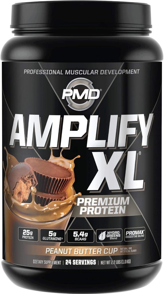 PMD Sports Amplify XL Premium Whey Protein Supplement Hydro Greens Blend - Glutamin und Whey Protein Matrix mit Superfood für Muskel, Stärke und Erholung - Peanut Butter Cup (24 Servierungen)