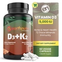 EarthNutri Vitamin D3 K2 Supplement 5000 IU – Enthält K2 von MENA Q7, D3 von Vitashine, Calcium von Aquamin & 72 Trace Minerals – für Immun-, Knochen- und Herzgesundheit – Non-GMO – 60 Veg Kapseln