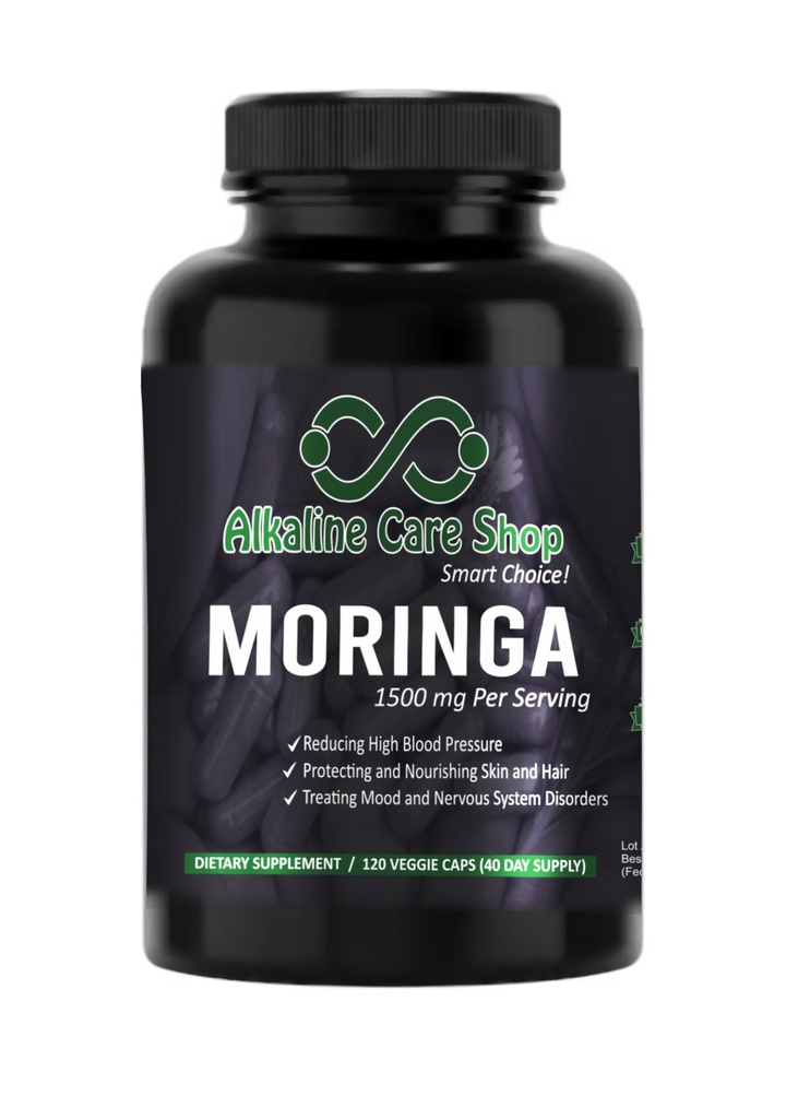 Alkaline Pflege | Moringa Premium Extrakt 1500mg | Vitamin C | Hohe Absorption, 100% natürlich, Ganzes Essen, Nicht-GVO-Ergänzung | Reduzierung von Bluthochdruck, Hautgesundheit & Energie (120 Veggie Kapseln)