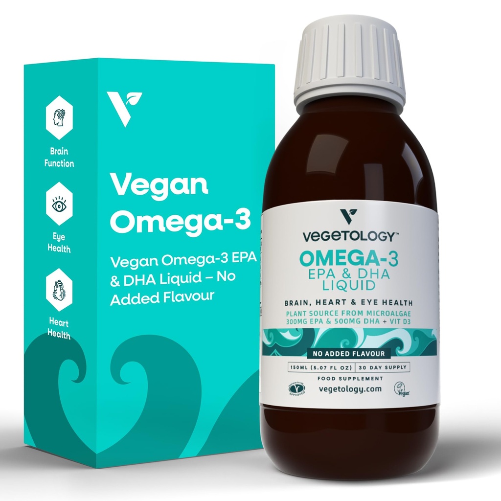 Vegan Omega 3 Liquid, von Microalgae, 800mg von EPA DHA, mit Vitamin D3, unterstützt Herz, Gehirn und Augengesundheit, natürliche Fischöl Alternative, UK Made, Unflavoured