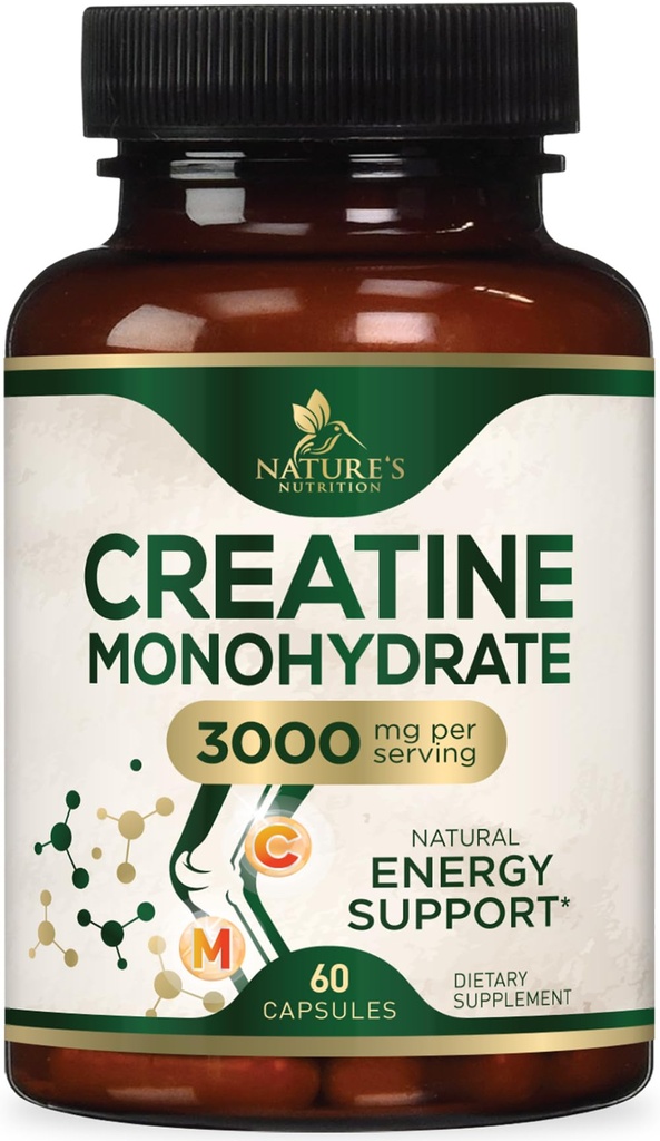 Creatine Monohydrat Kapseln 3000mg – Best Micronized Creatine Powder - Unterstützt Lean Muscle, Stärke, Energie, & Endurance - Nature's Supplement, Non-GMO, Gluten Free für Damen und Herren - 60 Kapseln