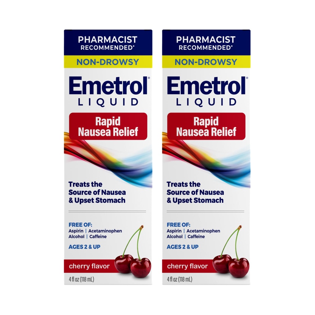 Emétrol Relief des nausées liquides non somnolentes - Remède de l'estomac - Pharmacienne Relief des nausées recommandées - Saveur de cerise - 4fl oz, 2 pack