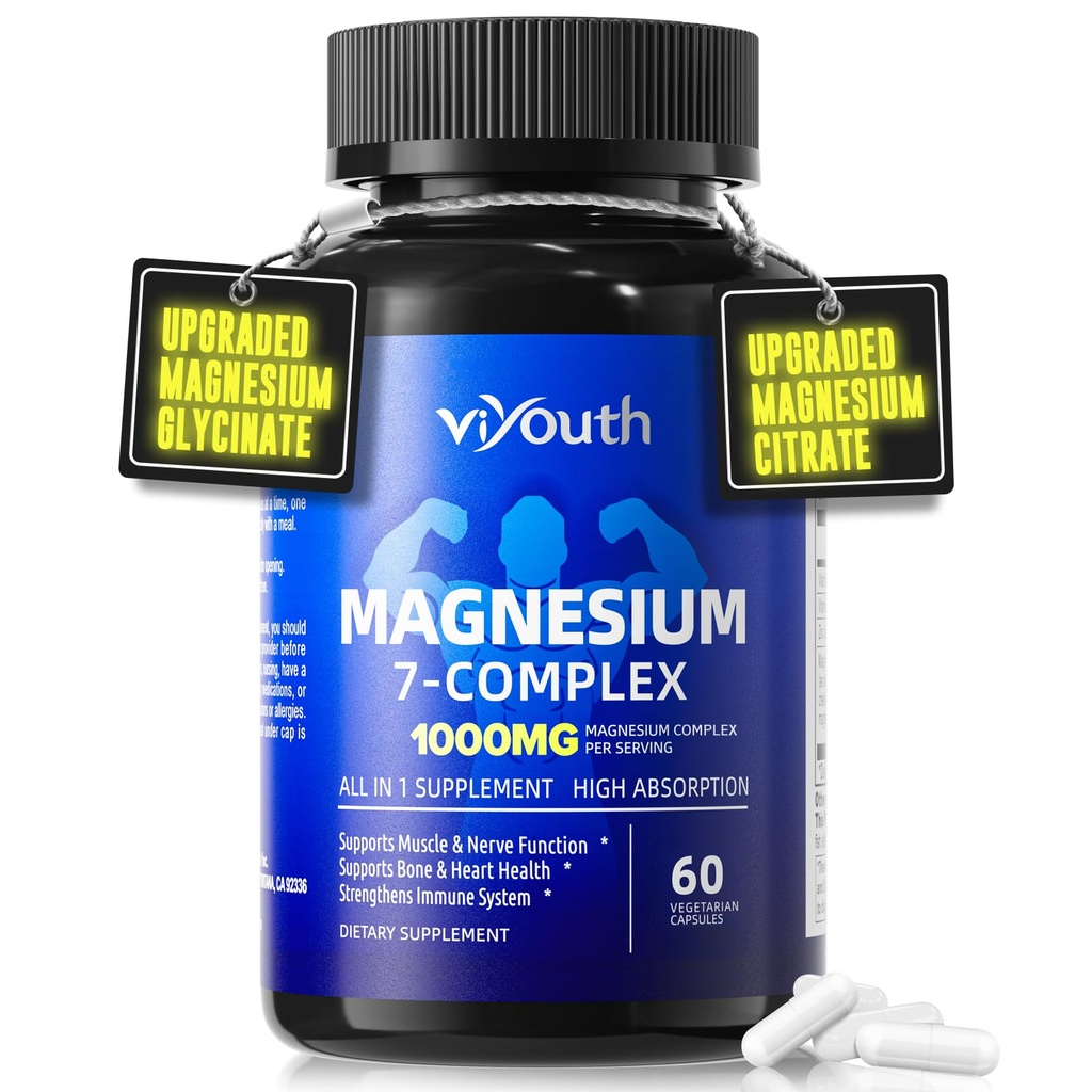 Magnesium 7 Complex Supplement mit Glycinate Citrate Malate Chelate Taurate Orotate Aspartate, Kapseln mit Zink, Vitamin D3 & B6 für Schlaf, Muskelentlastung, 60 Kapseln