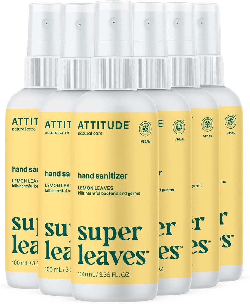 ATTITUDE Vaporisateur d'assainissement des mains pour adultes et enfants, EWG Vérifié, tue les bactéries et les germes, végétalien, feuilles de citron, 3,38 Fl Oz (Bouteille de pulvérisation) (paquet de 6)