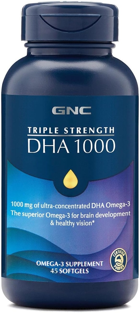 GNC Triple Strength DHA 1000 Omega 3 Supplement, 1000mg DHA, unterstützt Gehirnentwicklung und gesunde Vision, 45 Softgels