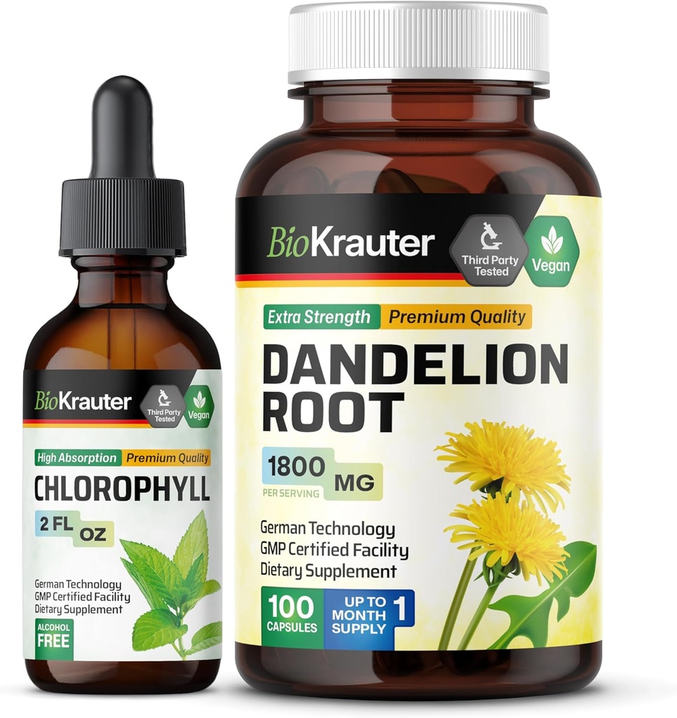 BIO KRAUTER Chlorophyll Tincture 2 Fl. Oz. & Dandelion 100 Capsules