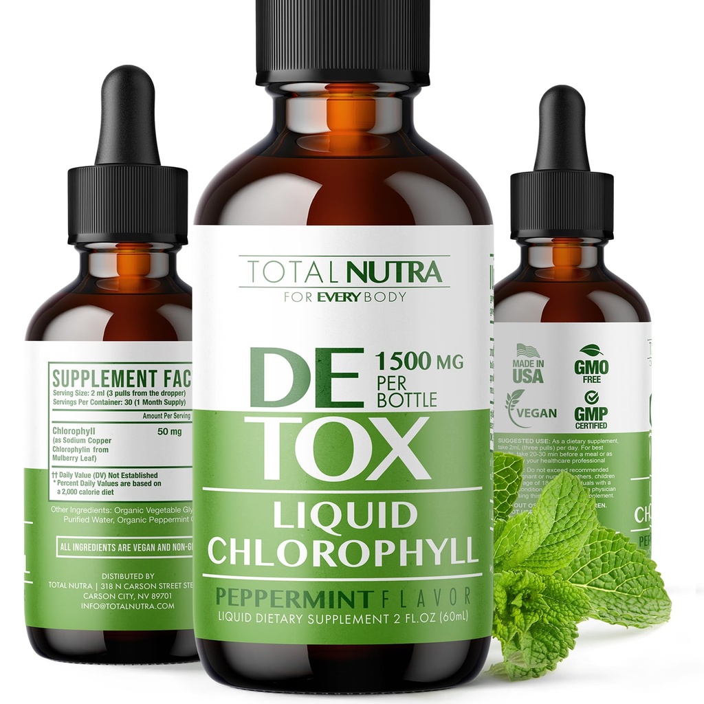 Chlorophylle liquide gouttes 50mg: Vegan Chlorophylle gouttes liquides pour l'énergie naturelle Boost, Immune support, Détox corporel pour soins de la peau, Déodorant interne.