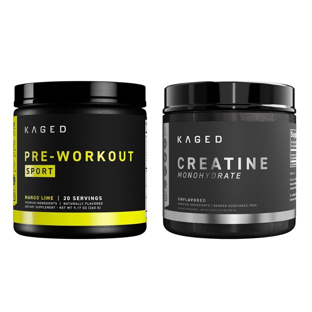 Kaged Pre Sport Pre Workout Powder Mango Lime Creatine Monohydrate Micronized Powder Bundle, Energy & Muscle Recovery Pack, 20 portions Pre-Workout + 100 portions Creatine