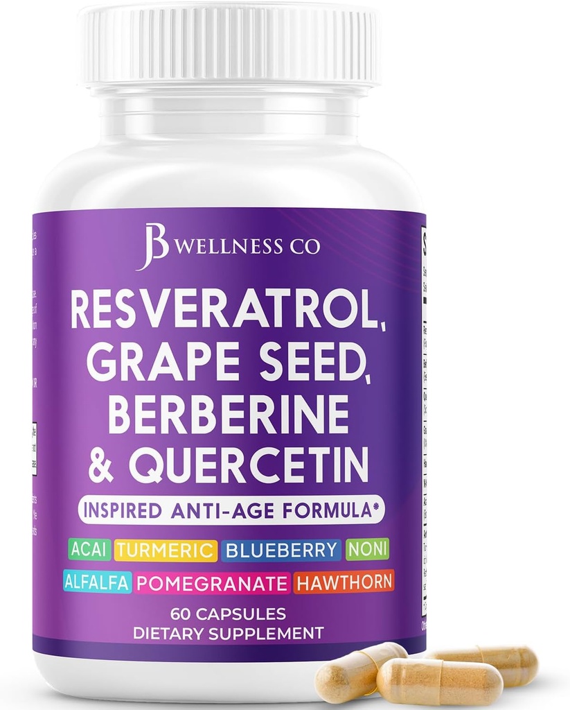 JB Wellness Resveratrol Grape Seed Extract, Berberine, Quercetin - Polyphenol Supplement für Damen und Herren mit Noni Extract, N-Acetyl Cystein, Acai Extract - 60 Kapseln